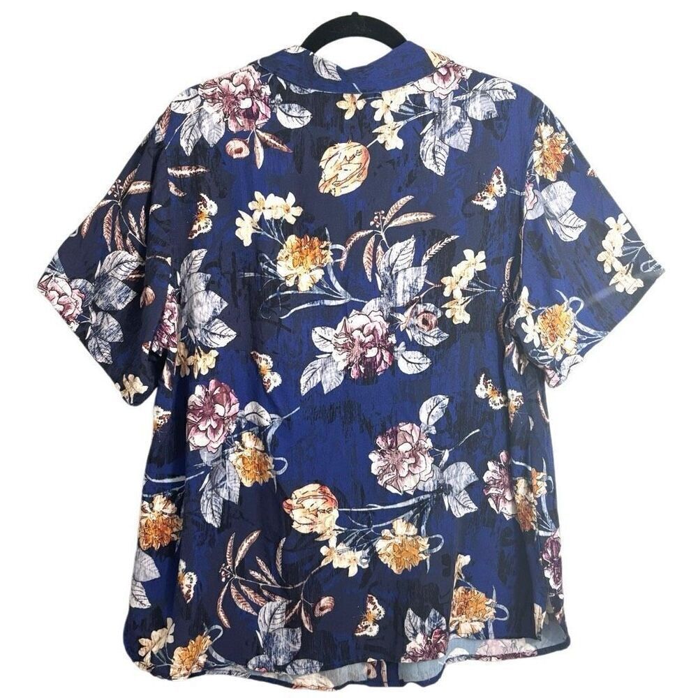 Coldwater Creek navy floral print short sleeve rayon camp shirt blouse 1X